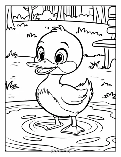 Coloriage de canards pour enfants : Un adorable canard se tient dans une flaque avec de petites ondulations à ses pattes