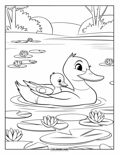 Coloriage de canards pour enfants : Une cane et son caneton glissent parmi des fleurs sur un étang paisible