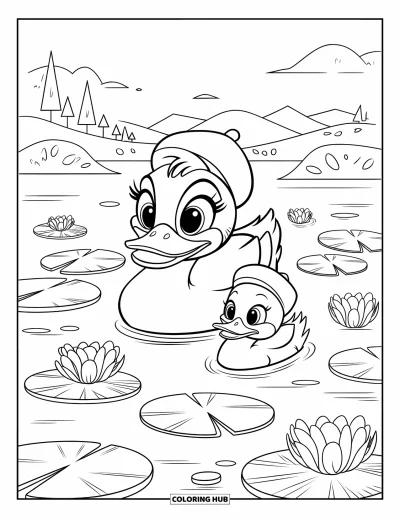 Coloriage de canards pour enfants : Une cane et son caneton avec de petits chapeaux nagent parmi les nénuphars et les nuages