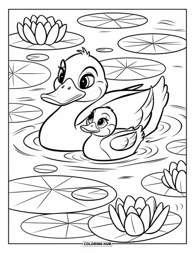 Coloriage de canards pour enfants : Une cane et son caneton nagent entre les nénuphars et les fleurs flottantes