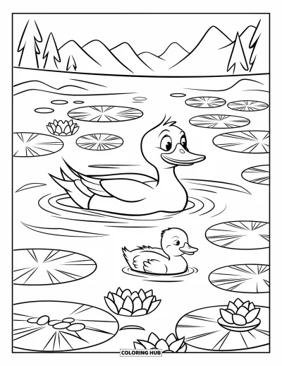 Coloriage de canards pour enfants : Une cane et son caneton nagent ensemble au milieu des nénuphars avec vue sur les montagnes