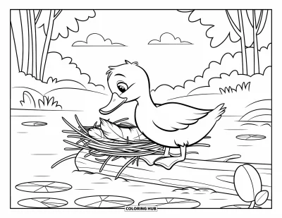 Coloriage de canards pour enfants : Une cane aménage un nid sur une bûche près de fleurs, de nénuphars et de nuages