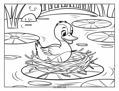 Coloriage de canards pour enfants : Un canard construit un nid douillet près de nénuphars, de l'eau et d'un petit pont