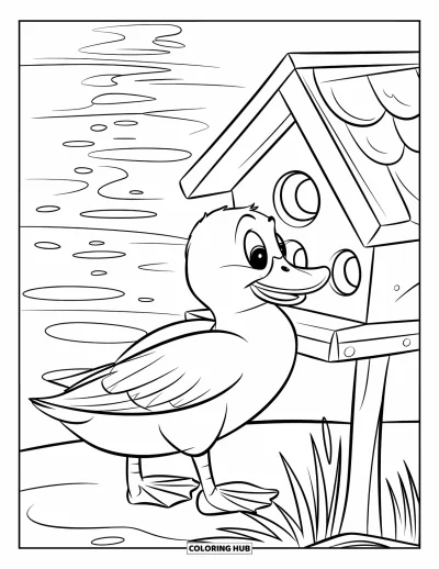 Coloriage de canards pour enfants : Un canard inspecte un nichoir au bord d'un lac calme avec des nénuphars à proximité