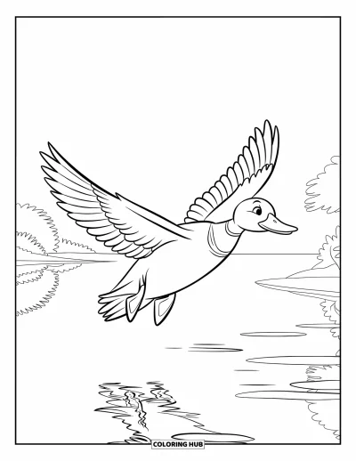 Coloriage de canards pour enfants : Un canard vole devant des montagnes et des arbres pendant que le lac reflète le ciel