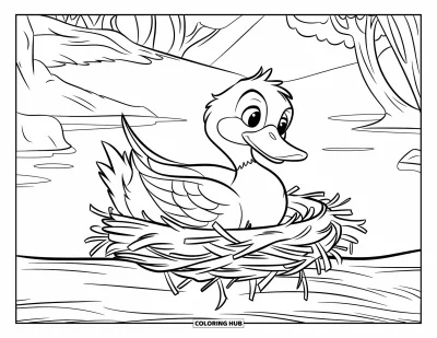 Coloriage de canards pour enfants : Une cane ramasse des brindilles assise sur une bûche près des arbres et d'une montagne