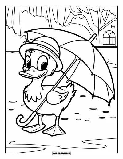 Coloriage de canards pour enfants : Un canard avec un chapeau de pluie sourit près d'un parapluie dans une cour tranquille