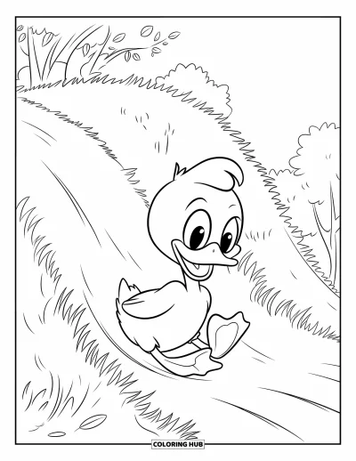 Coloriage de canards pour enfants : Un canard avec des lunettes de soleil glisse sur une colline ensoleillée avec un grand sourire