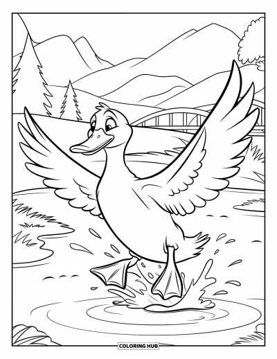 Coloriage de canards pour enfants : Un canard atterrit doucement sur l'eau près d'arbres, d'un pont et de collines calmes