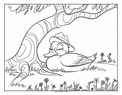 Coloriage de canards pour enfants : Un canard fait la sieste sous un arbre tordu dans un pré rempli de fleurs sauvages