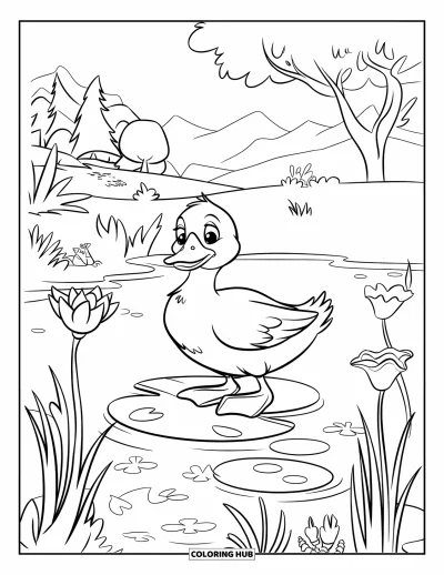 Coloriage de canards pour enfants : Une cane sur un nénuphar profite de fleurs en pleine floraison et de montagnes lointaines