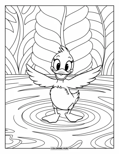 Coloriage de canards pour enfants : Un canard sur un nénuphar sourit au milieu d'une eau ondulante et de plantes