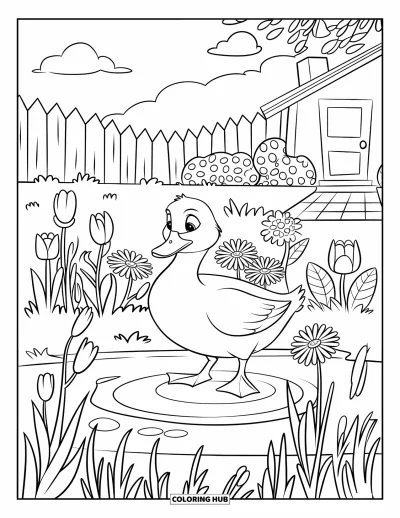 Coloriage de canards pour enfants : Un canard sur une bûche est entouré de tulipes, de marguerites et d'une scène de campagne paisible