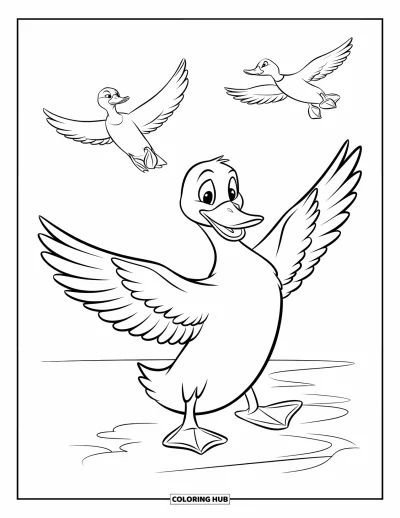 Coloriage de canards pour enfants : Un canard ouvre ses ailes sur la rive tandis que des canards planent dans le ciel