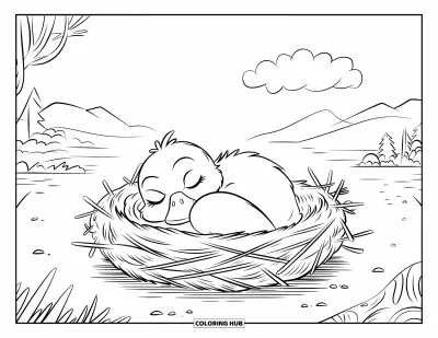 Coloriage de canards pour enfants : Un canard dort dans un nid de brindilles sous un grand ciel et des montagnes