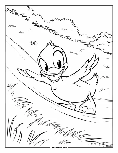 Coloriage de canards pour enfants : Un canard glisse joyeusement sur une colline herbeuse sous un ciel lumineux