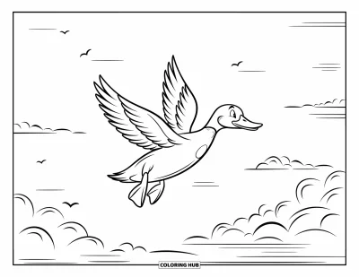 Coloriage de canards pour enfants : Un canard plane dans le ciel parmi des nuages épars et des oiseaux en vol