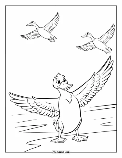 Coloriage de canards pour enfants : Une cane déploie ses ailes près d'une rive calme tandis que d'autres canards volent au-dessus
