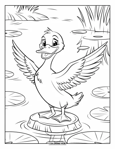 Coloriage de canards pour enfants : Un canard déploie ses ailes sur une bûche reflétée dans le lac calme