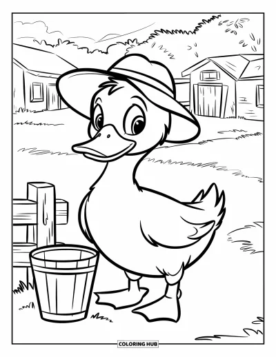 Coloriage de canards pour enfants : Un canard se tient près d'une clôture et d'un seau dans une scène de ferme tranquille