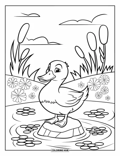 Coloriage de canards pour enfants : Un canard se tient sur un rocher d'étang entouré de fleurs, de roseaux et d'un soleil printanier