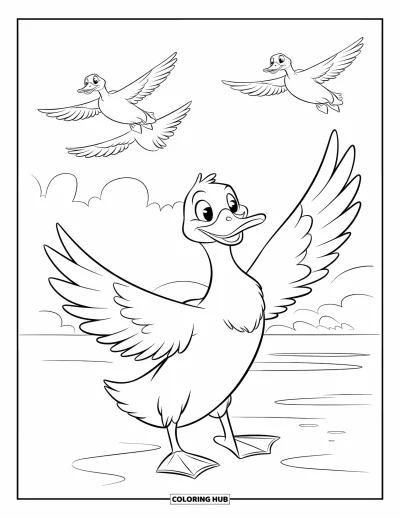 Coloriage de canards pour enfants : Un canard étire ses ailes au bord de l'eau pendant que trois canards volent au-dessus