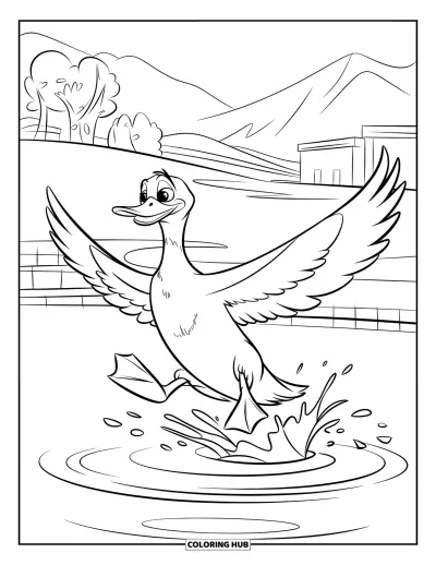 Coloriage de canards pour enfants : Un canard se pose sur une eau calme avec des arbres et un ciel paisible au loin