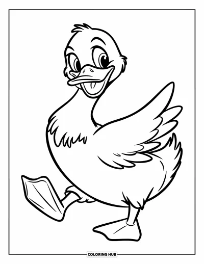 Coloriage de canards pour enfants : Un canard se dandine en souriant, le plumage gonflé, sur un fond épuré