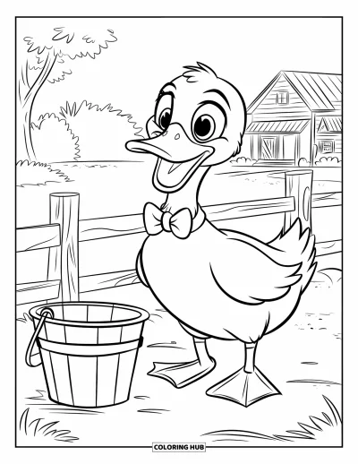 Coloriage de canards pour enfants : Un canard avec un nœud papillon se tient bien droit près de la clôture d'une ferme