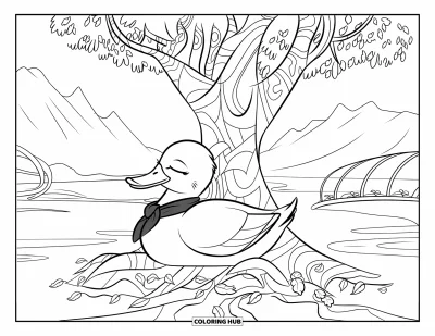 Coloriage de canards pour enfants : Un canard avec une écharpe somnole sous un arbre tordu près d'un lac de montagne paisible