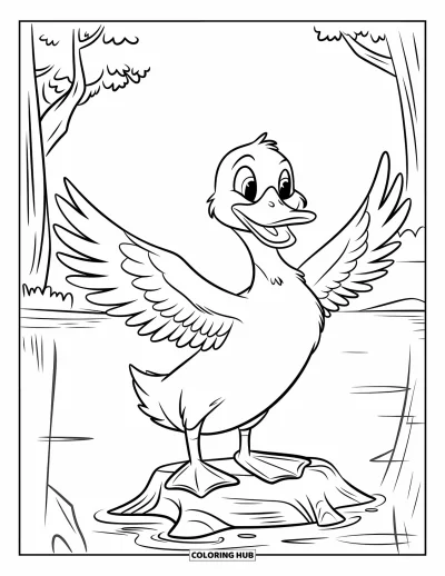 Coloriage de canards pour enfants : Un canard aux pattes vives se tient bien droit sur une bûche au-dessus de l'eau