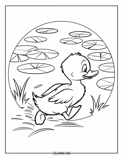 Coloriage de canards pour enfants : Un caneton fonce vers un étang, entouré d'un motif circulaire