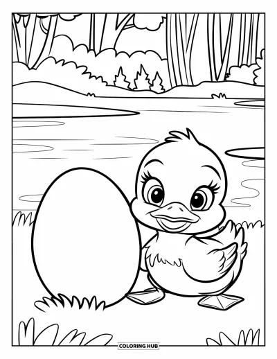 Coloriage de canards pour enfants : Un caneton avec un chapeau est assis près d'un gros œuf avec des arbres en arrière-plan