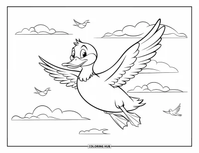 Coloriage de canards pour enfants : Un canard battant des ailes plane au-dessus des nuages, ailes déployées, avec des oiseaux tout près