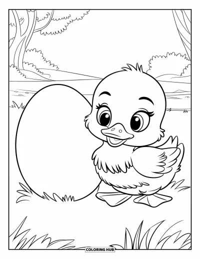 Coloriage de canards pour enfants : Un caneton duveteux aux grands yeux est assis près d'un œuf dans un champ tranquille