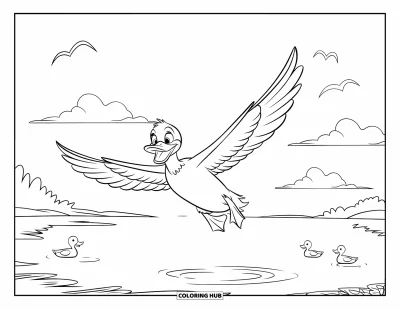 Coloriage de canards pour enfants : Un canard en vol bat des ailes au-dessus d'un lac paisible où d'autres canards nagent calmement