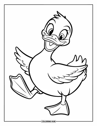 Coloriage de canards pour enfants : Un canard heureux lève une patte en se dandinant, avec des lignes simples et marquées