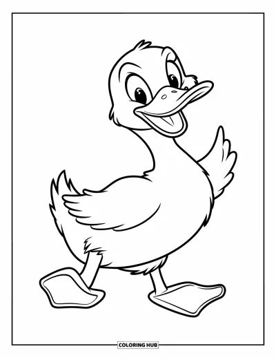 Coloriage de canards pour enfants : Un canard heureux se dandine avec une patte levée et un air joyeux