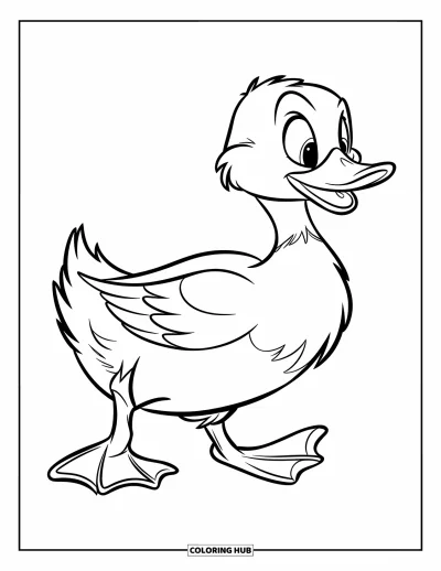 Coloriage de canards pour enfants : Un canard joyeux avance en se dandinant, une patte levée