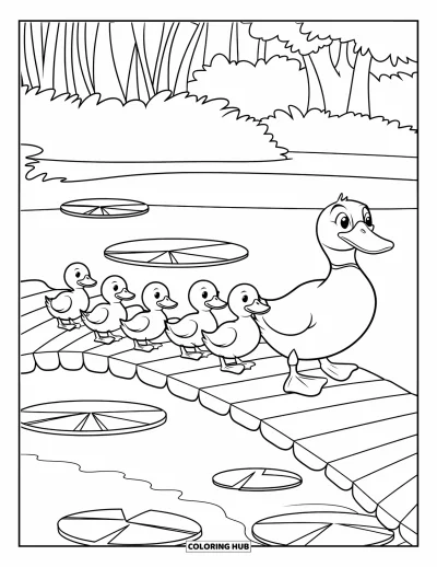Coloriage de canards pour enfants : Une cane mène ses canetons sur un pont au-dessus d'une eau calme remplie de nénuphars