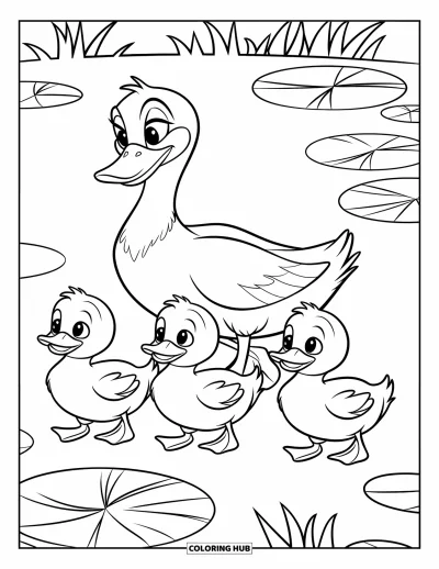 Coloriage de canards pour enfants : Une cane mène trois canetons en file près d'un étang paisible