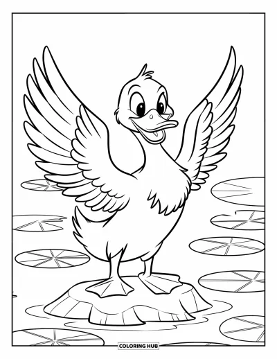 Coloriage de canards pour enfants : Un canard fier se tient sur une bûche, ailes déployées, au-dessus d'un lac couvert de nénuphars