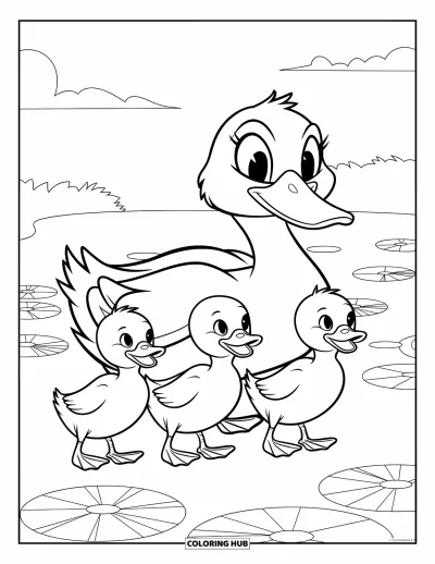 Coloriage de canards pour enfants : Une cane fière marche devant ses trois canetons qui se dandinent