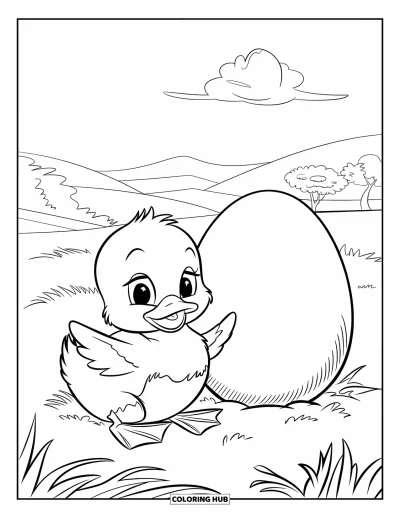 Coloriage de canards pour enfants : Un caneton rond se repose à côté d'un gros œuf sous un nuage cotonneux