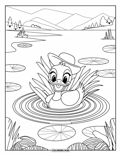 Coloriage de canards pour enfants : Un canard souriant avec un chapeau flotte sur un lac paisible avec des arbres au loin