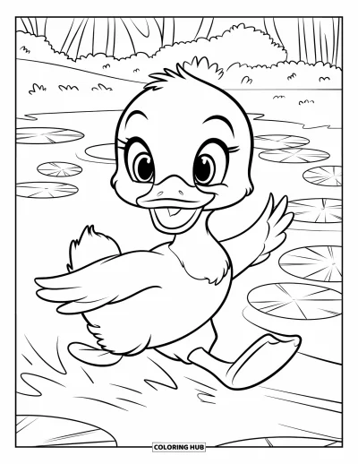 Coloriage de canards pour enfants : Un caneton aux grands yeux court vers un étang rempli de nénuphars et une forêt feuillue