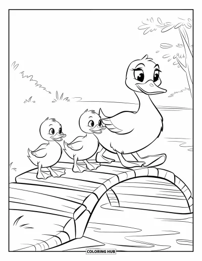 Coloriage de canards pour enfants : Des canetons suivent leur mère sur un pont en bois tranquille sous le ciel