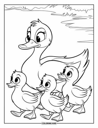 Coloriage de canards pour enfants : Trois canetons suivent leur maman près de l'eau et d'un décor verdoyant