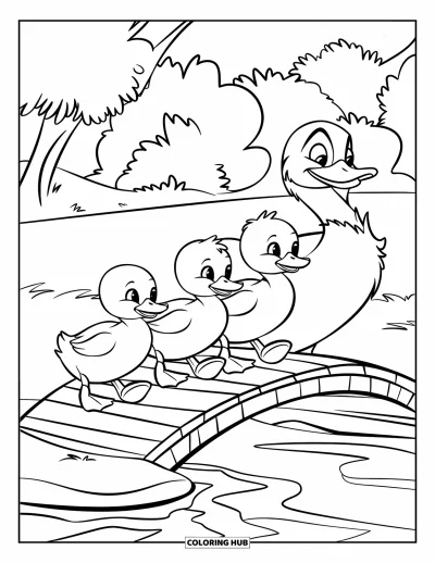 Coloriage de canards pour enfants : Deux canetons suivent leur maman sur un pont entouré d'arbres