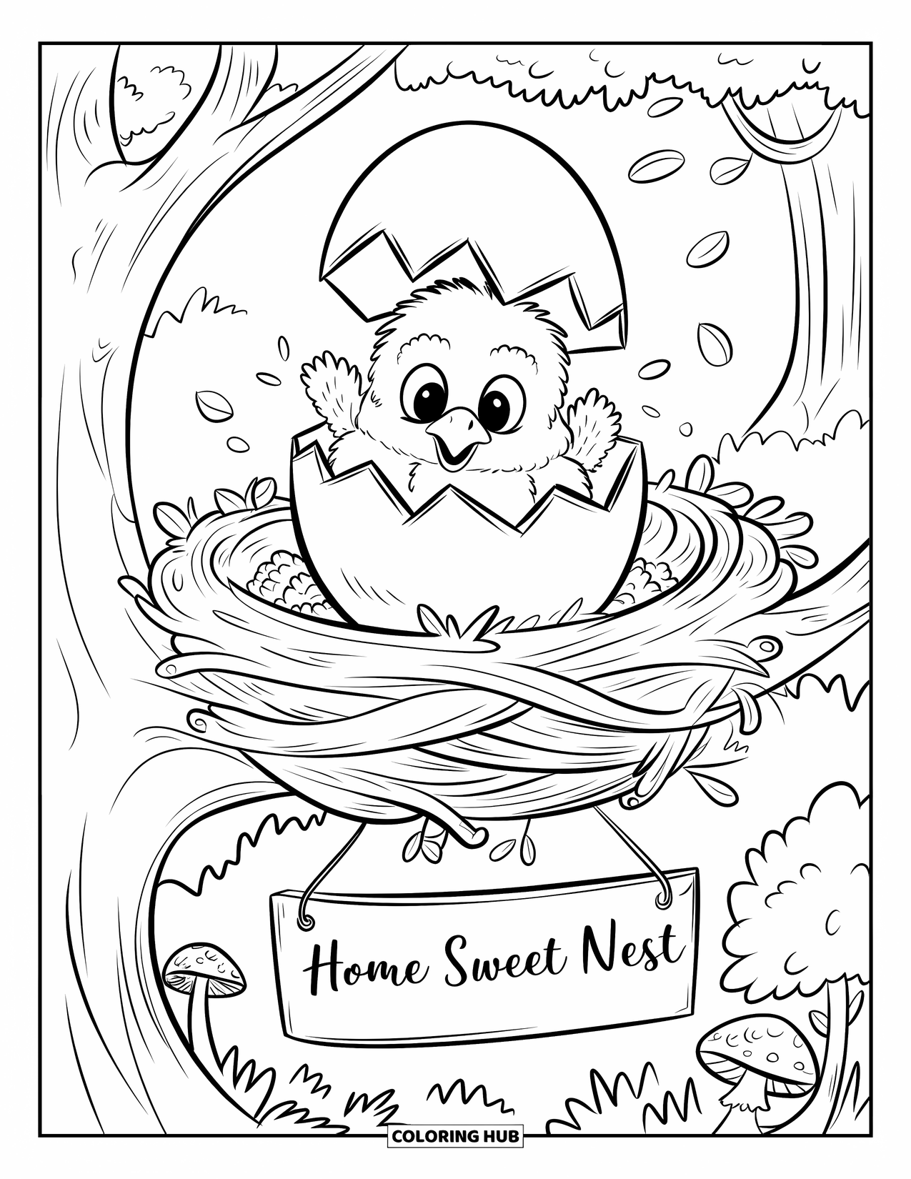 Coloriage d'aigle pour adultes : Un bébé aigle jette un coup d'œil hors d'un œuf dans un nid étiqueté « Home Sweet Nest »